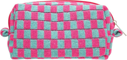 PAZIMIIK Checkered Makeup Bag for Purse Portable Zipper Make Up Pouch Small Cosmetic Case for Travel Accessories Magenta Green