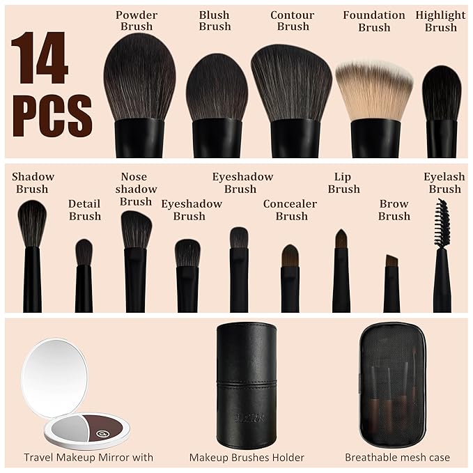 Jilier 14 pcs Mini Makeup Brushes and Pocket Mirror, Travel Makeup Brush Set, LED Compact Mirror with Light, Travel Size with Case, Portable for Handbag, Travel Essentials for Women