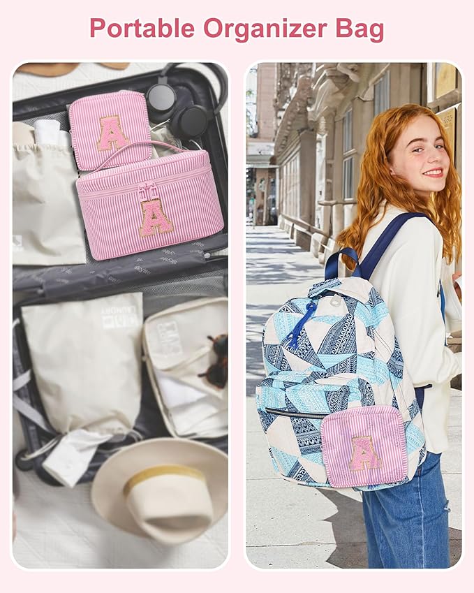 MONSTINA Personalized Initial Makeup Bag for Women,Make Up Case for Girlfriend Bridesmaid Wife,|Personalized Gifts for Women Friends|Cute Toiletry Make Up Traveling Stuff Organizer,Pink X