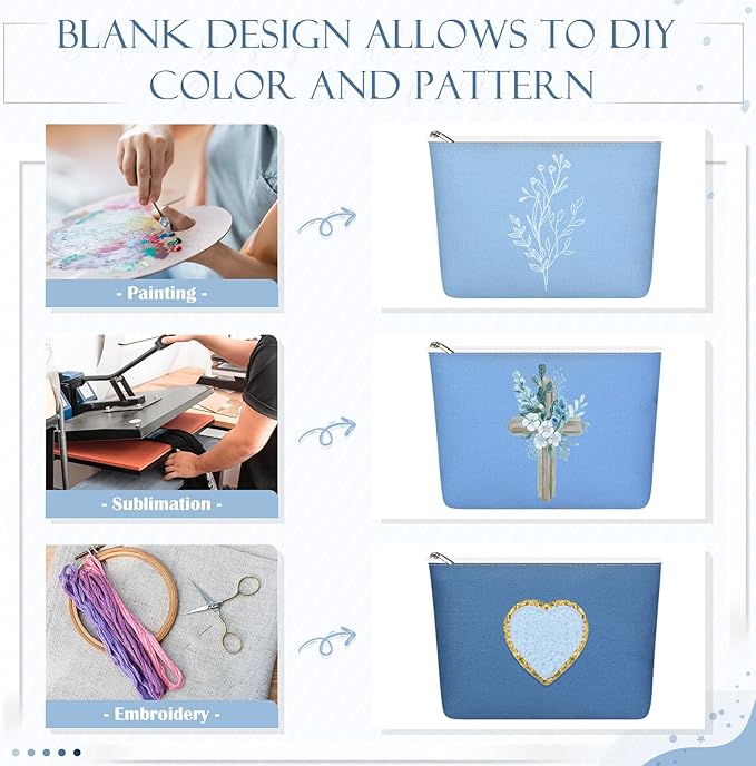 Reginary 10 Pcs Canvas Makeup Bags Bulk for Women Blank DIY Pencil Pouch Travel Toiletry Cosmetics Bags Gift for Christmas Breast Cancer Awareness Thanksgiving Wedding Nurses Teacher(Blue)