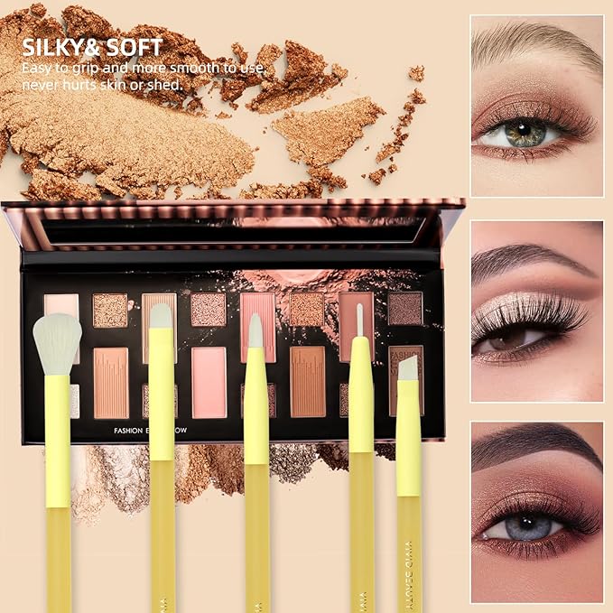 5pcs Yellow Eyes Make up Brush Set Soft Fiber & Rubber Handle Premium Small Brushes Kit, Includes Concealer, Blending, Eyeshadow, Dual-ended Brow and Lash Brushes ideal for Eye Makeup