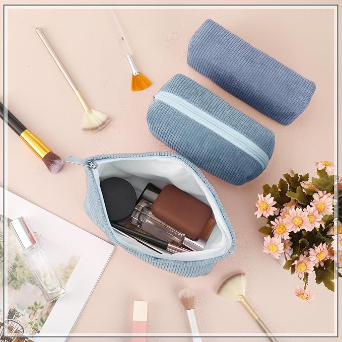 3 Pcs Makeup Bag Set for Women Corduroy Cosmetic Pouch Aesthetic Smile Travel Toiletry Bag Cute Purse Pouch Pencil Case Makeup Brushes Storage Organizer for Christmas(Blue,Gradient)