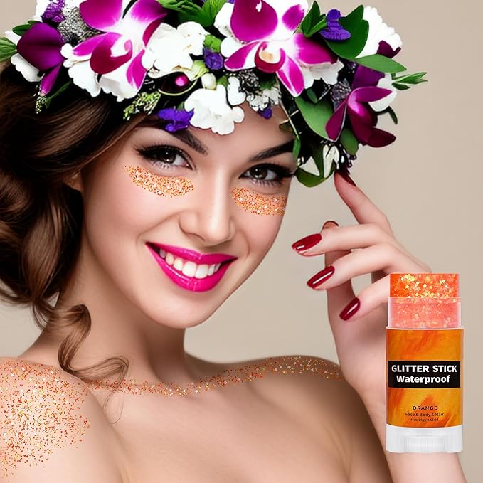 Orange Face Glitter Stick,Halloween Body Hair Glitter for Kids,Waterproof Singer Concert Outfits for Women,Mardi Gras Accessories Chunky Glitter Makeup Sequins Body Paint