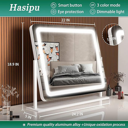 Hasipu Vanity Mirror with Lights, 24.2" x 18.9" LED Make up Mirror, Light up Mirror with 10X Magnification and USB Charging Port, Phone Holder, Smart Touch 3 Colors Dimmable, 360° Rotation (White)