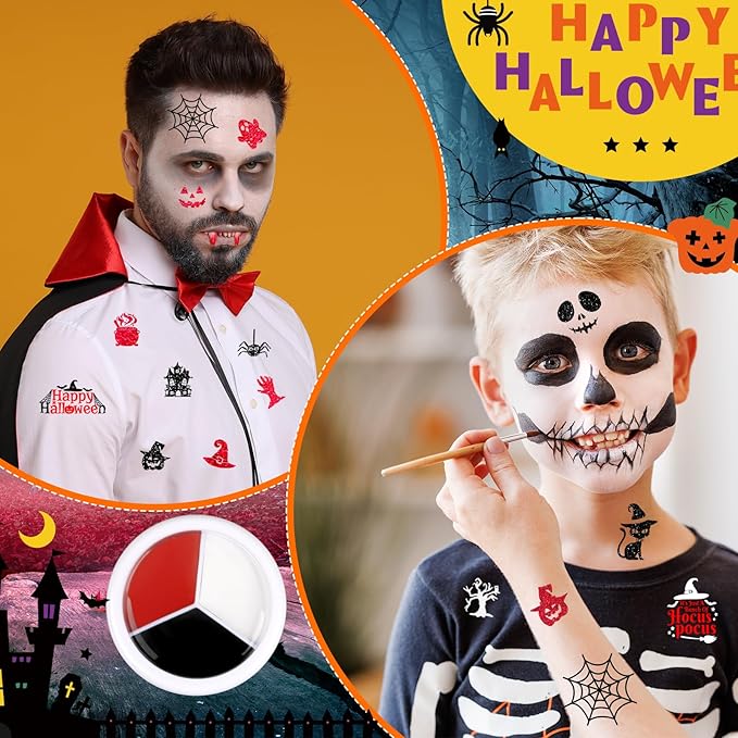 18 Pcs Halloween Face Paint Kit 3 Colors Red White Black Face Paint Kit with Glitter Stencil Makeup Brush for Halloween Cosplay Party Supplies