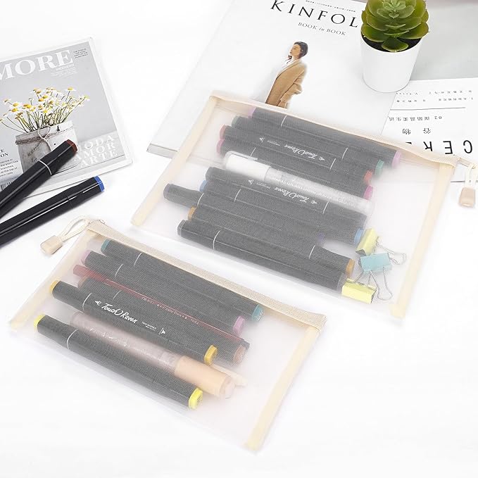 12 Pieces Zipper Nylon Mesh Pouch, Mesh Cosmetic Bags Makeup Bags Pencil Case, Multipurpose Travel Bags for Cosmetic School Office Supplies and Travel Accessories (Beige, A5)