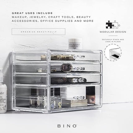 BINO THE MANHATTAN SERIES Acrylic Makeup Drawer Organizer- 4 Drawers | Clear Beauty Organizers and Storage| Cosmetic & Drawer| Home Organization| Jewelry Vanity Accessories