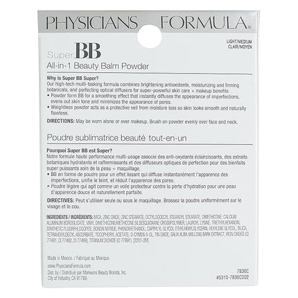 Physicians Formula Super BB Cream All-in-1 Beauty Balm Powder Light/Medium | Dermatologist Tested, Clinicially Tested