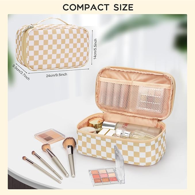 Relavel Travel Makeup Bag with Brush Holder, Dual-Layer Small Cosmetic Organizer, Portable Toiletry Bag for Accessories Storage, Cute Make Up Bag for Gift, Trip, Camp, Daily Use - Plaid