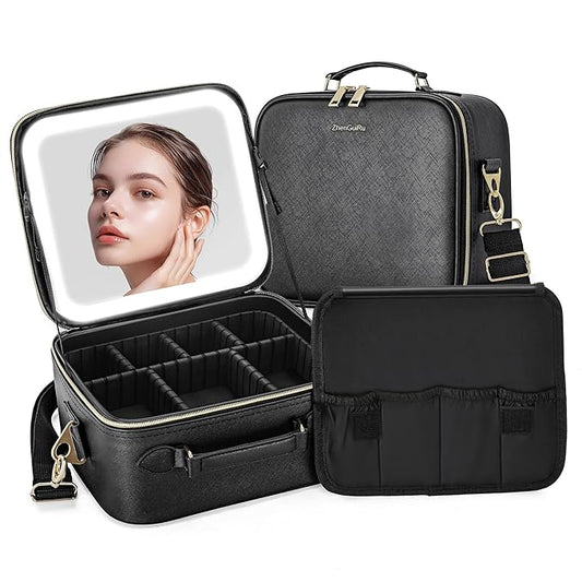 Travel Makeup Bag with LED Mirror, Portable Cosmetic Case Organizer with Lighted Mirror, Waterproof Makeup Case for Cosmetic Brush Holder Storage, Black Toiletry Bag for Women Gift