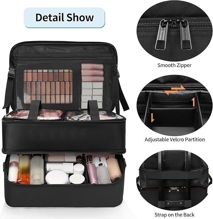 Extra Large Makeup Case, Professional Makeup Artist Traveling Bag, Double Layer Lightweight XL Makeup Travel Case Organizer for Artist Hairstylist Crafters with 2 Detachable Pouch & Shoulder Strap