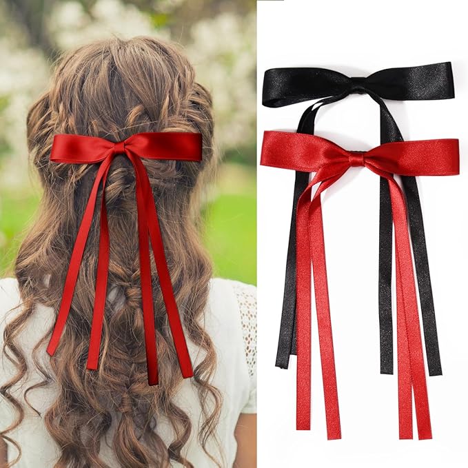 4 PCS Tassel Ribbon Bowknot Hair Clips With Long Tail for Women Girl Teens Kids, Solid Holder Fashion Bow Bowknot Hair Accessories Headwear Barrettes Claw(Black&Red)