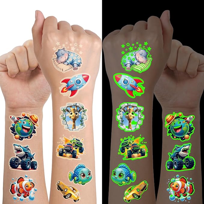 Glow in Dark 3D Temporary Tattoos for Kids, 117 Unicorn Mermaid Truck Dinosaur Space Cartoon Animal Waterproof Fake Tattoos, Luminous Small Stickers for Boys Girls Birthday Party Favor