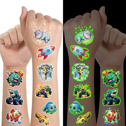 Glow in Dark 3D Temporary Tattoos for Kids, 117 Unicorn Mermaid Truck Dinosaur Space Cartoon Animal Waterproof Fake Tattoos, Luminous Small Stickers for Boys Girls Birthday Party Favor