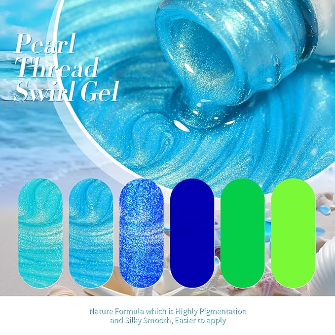 BORN PRETTY Blue Gel Nail Polish 6 Colors Shimmer Swirl Pacific Blue Glitter Blue Green Gel Polish Swirl Shell Thread Effect Soak Off Nail Art Design Salon Home Manicure Gift