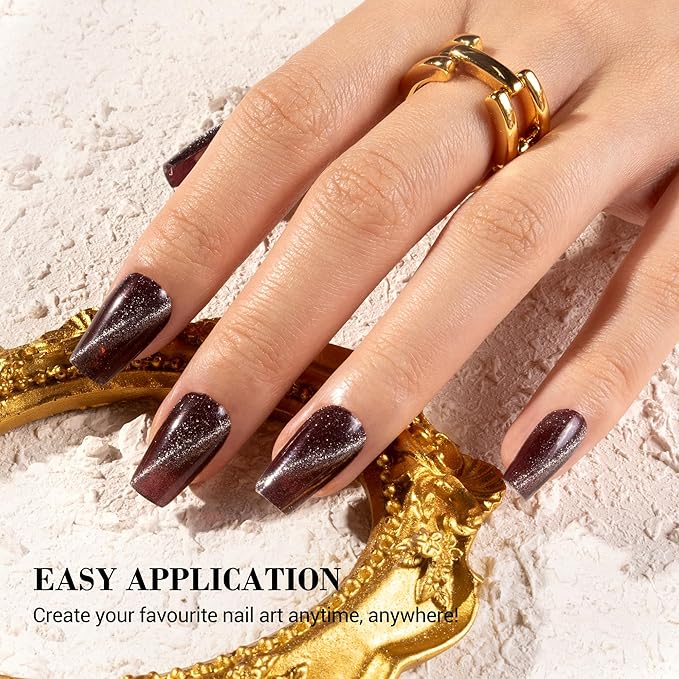 MelodySusie Semi Cured Gel Nail Strips (Wine Red Cat Eye)- Works with Nail lamp, Salon-Quality, Long Lasting, Easy to Apply & Remove - Includes 20Pcs, 2 Prep Pads, Nail File & Wooden Stick