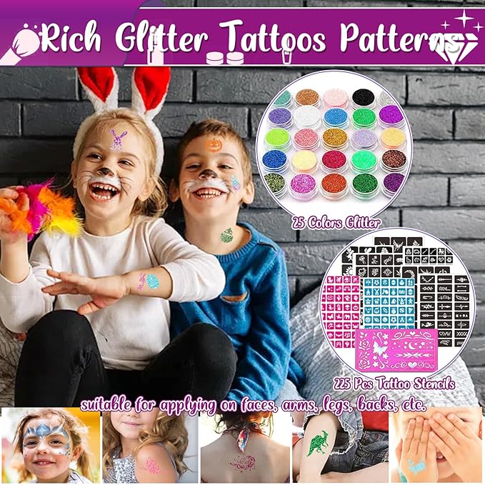 TEUVO Kids Glitter Tattoo Kit with 25 Colors, 225 Stencils, 6 Pens, 2 Rhinestone Sheets, 5Brushes, 3Glues, 20 Sheets Colorful & Glow-in-the-dark Mixed Temporary Tattoos Stickers for Halloween Birthday