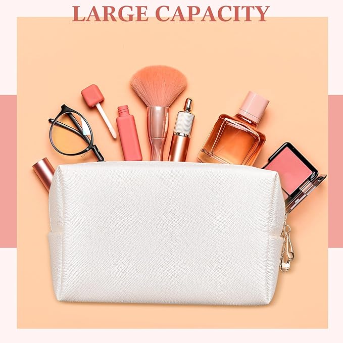 Cunno 50 Pcs Makeup Bag Bulk PU Leather DIY Cosmetic Plain Preppy Makeup Pouch Portable Waterproof Toiletry Bags for Women Travel Pencil Case Cosmetic Organizer, Ivory White