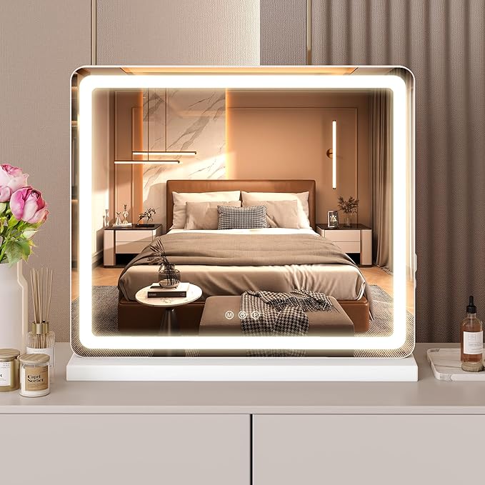 Sweetcrispy 19"x22" LED Vanity Mirror with Lights, Dimmable 3 Color Modes Makeup Mirror with Memory Function, USB Charging, Aluminum Frame, Lighted Mirror for Desk or Bedroom