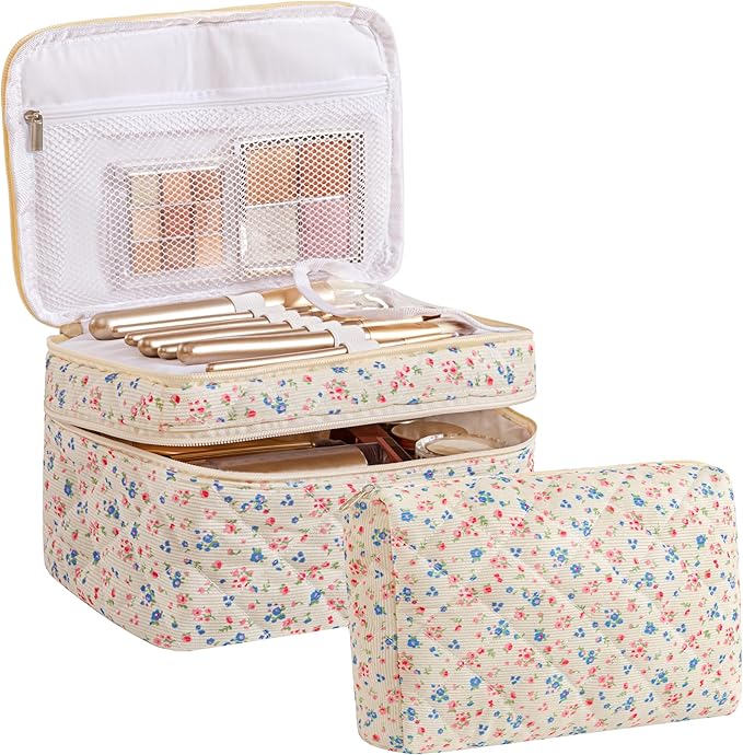 HBselect 2Pcs Travel Makeup Bag, Large Cotton Quilted Makeup Bag Cosmetic Bag Cute Make up Bag Toiletry Bags for Women Girls