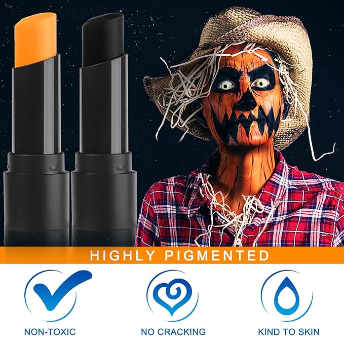 MEICOLY 2Pcs Black and Orange Face Body Paint Stick,Waterproof Face Paint for Halloween Pumpkin Tiger Lion Cosplay Makeup,Eye Black Stick for Baseball/Softball/Football/Lacrosse