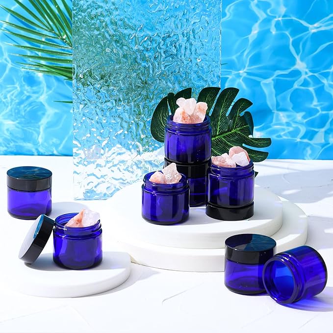 Domensi 48 Pcs 2 oz Glass Jars with Lids Travel Size Round Leakproof Empty Cosmetic Jars with Inner Liners Lid for Storing Makeup Lotions Face Cream Ointments Candle DIY Making (Cobalt Blue)