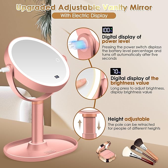 MIYADIVA Makeup Mirror with Lights, 30X/1X Magnifying Mirror with Digital Display, Height Adjustable Tabletop Mirrors, Detachable for Travel, Vanity Mirrors with Phone Holders, Rose Gold