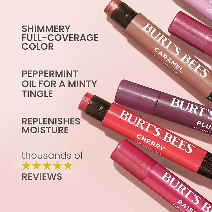 Burt’s Bees Lip Shimmer Watermelon; Warm, Luminescent Color; High Impact, Instant Moisture; with Shea and Cocoa Butters; 100% Natural Origin; 4 Tube, 0.09 Oz. (Packaging May Vary)