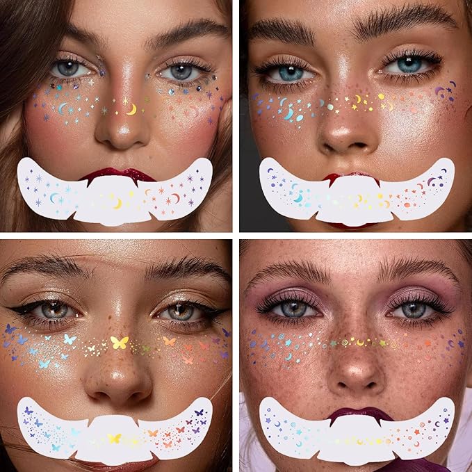 8PCS Glitter Freckles, Glitter Freckles Face Tattoo, Sparkle Freckles for Women and Kids, Cute Star Waterproof Gold Temporary Face Tattoos Glitter Glow Up Patches (8PCSG Holographic Multicolor)