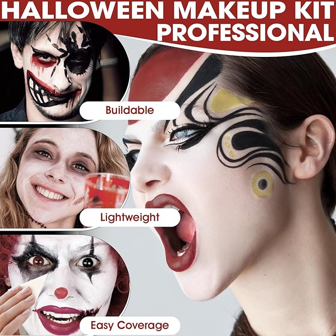 6 Colors Halloween Face Body Paint + 6pc Sponge + 3pc Brush, Colored Eye Black for Sport and Bruise SFX Makeup, Face Paint Kit for Zombie Clown Vampire Skeleton Joker Costume