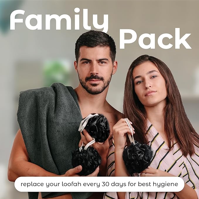 MainBasics Bath Shower Loofah Sponge Pouf Body Scrubber Exfoliator Body Wash Sponge (Set of 3, Triple Black)