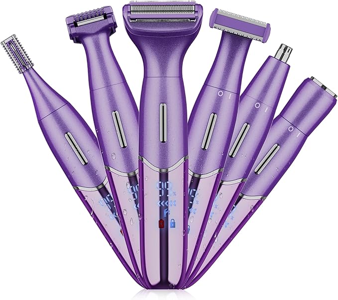 Karrte 6-in-1 Electric Razor for Women's Pubic Hair, Painless Body Shaver and Facial Epilator, Hair Removal for Face, Bikini Trimmer for Women's Private Area Purple