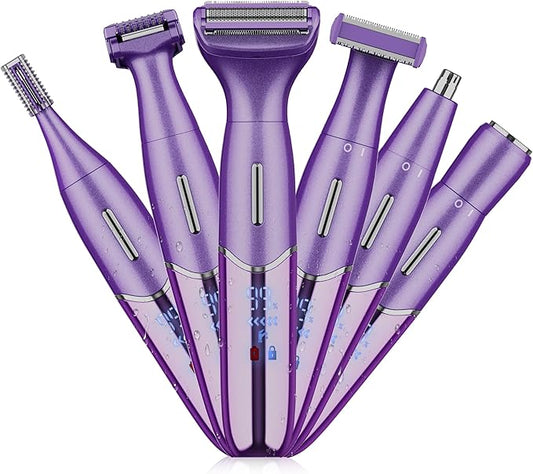 Karrte 6-in-1 Electric Razor for Women's Pubic Hair, Painless Body Shaver and Facial Epilator, Hair Removal for Face, Bikini Trimmer for Women's Private Area Purple