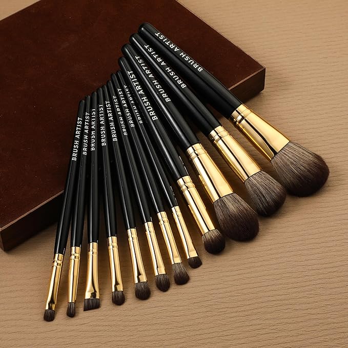 BRUSH ARTIST 12 PCs Premium Synthetic Black Makeup Brush Set Face Powder Brush, Contour Brush, Blush Brush, Eyeshadow Brush, Eyebrow Brush, Concealer Brush,Travel Size