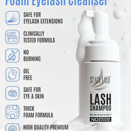 STACY LASH Shampoo 100ml Cleaning Kit of Eye Makeup Remover (Foam Cleanser) & Shampoo Brush & Mascara Brush Bundle with Eyelash Serum 5ml for Lash Growth and Thickness