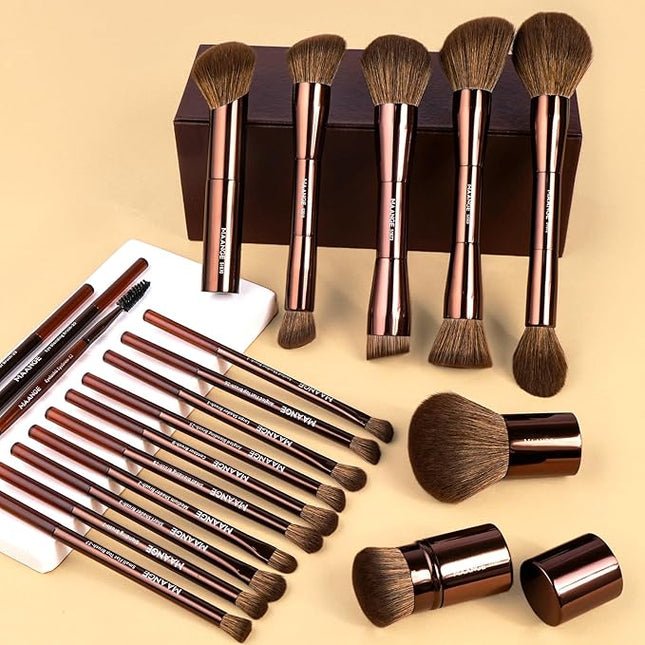 MAANGE 20 Pcs Makeup Brushes with Gift Box, Double-End Multi-functional Makeup Brushes for Blending Liquid Powder Concealer Cream Blush Buffe,Dark Brown