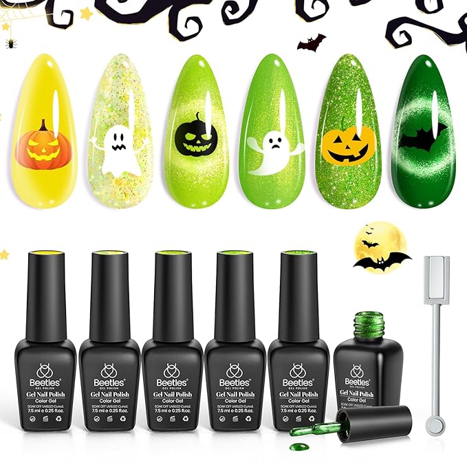Beetles Green Halloween Gel Nail Polish Set, Fall Gel Polish Nail Kit 6 Colors Yellow Glitter Cat Eye Jelly with Cat Eye Magnet Gifts for Women DIY Manicure Art Summer Beats