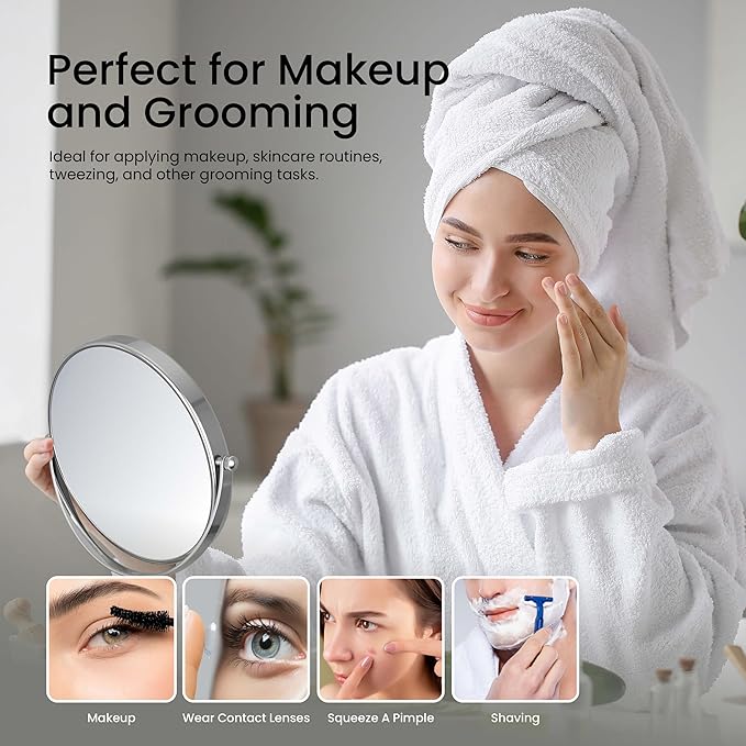 KIBI Free Standing Magnifying Makeup Mirror | Dual-Sided 1X/5X Magnification | 360° Rotating Vanity Mirror for Precise Grooming, Skincare & Beauty (Matte Black, KMM103)