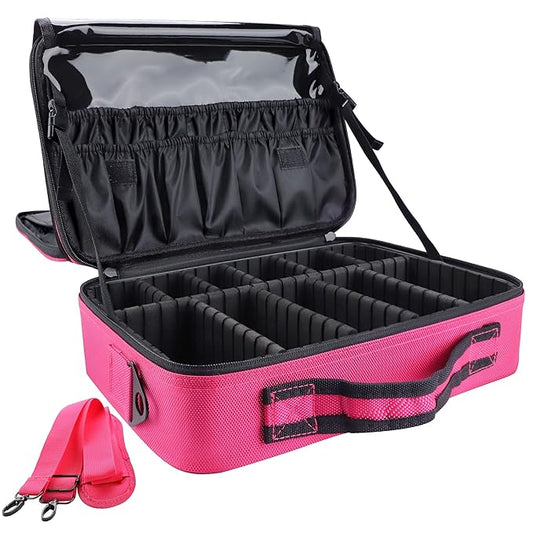 gzcz Professional Travel Makeup Case 13.5 Inches Makeup Bag Cosmetic Brush Organizer Portable Artist Storage Train Bag with Adjustable Dividers for Make Up Accessories（M-Rose Red）
