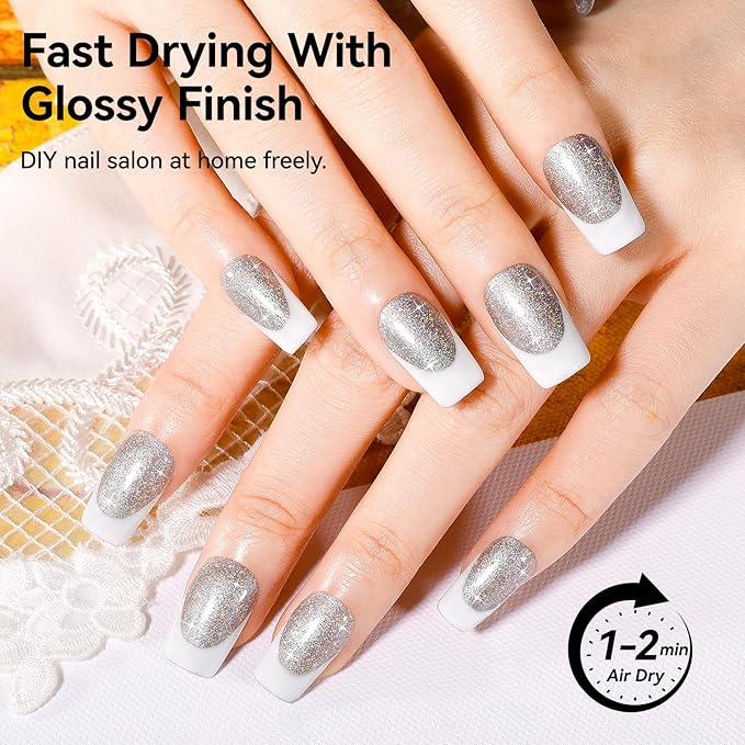 Silver Sparkle Nail Polish Oil-Based Glitter Rainbow Sparkly Regular Nail Polish Fast Air Dry Nail Lacquer Vegan Toe Fingernail Polish Nails Art DIY Home Travel Manicure Gift for Girls Women