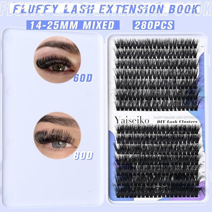 Fluffy Lash Cluster Eyelash Extensions 14-25mm Thick Lash Clusters 60D+80D D Curl Wispy Individual Lashes 280pcs False Eyelashes DIY Plant Fibers Lash Extension, by Yaiseiko