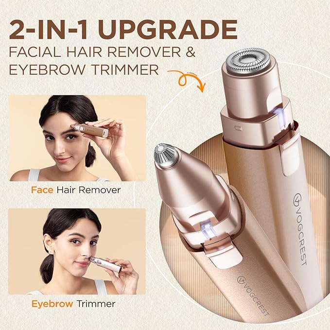 Rechargeable Facial Hair Remover for Women: 2 in 1 Electric Eyebrow and Facial Hair Remover - Suitable for Middle-aged Women’s Eyebrow, Chin, and Cheek Trimming - with Built-in LED Light (Gold)