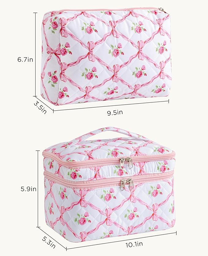 HBselect 2Pcs Travel Makeup Bag, Large Cotton Quilted Makeup Bag Cosmetic Bag Cute Make up Bag Toiletry Bags for Women Girls