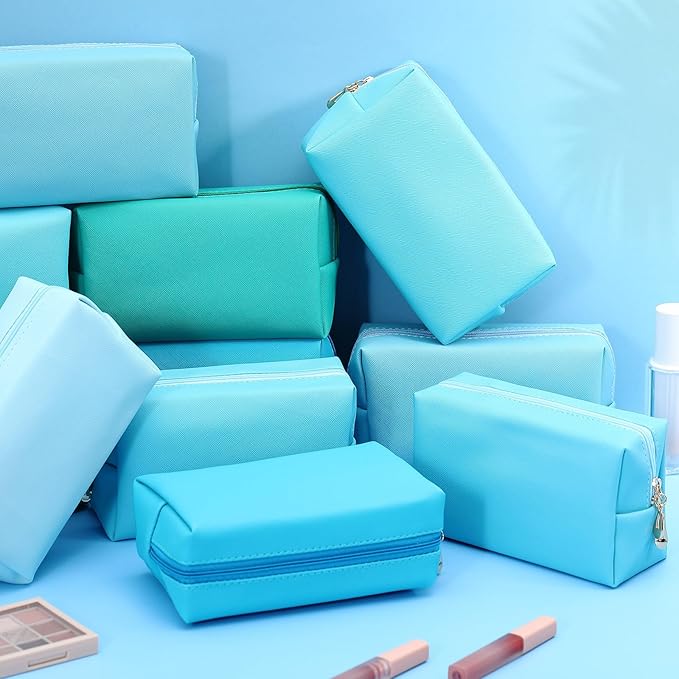 Kigeli 15 Pcs Aesthetic Makeup Bags PU Leather Cosmetic Pouches Waterproof Plain Toiletry Bags Makeup Pouches Bulk for Women Party Gift Travel Storage Organizer(Blue Teal)