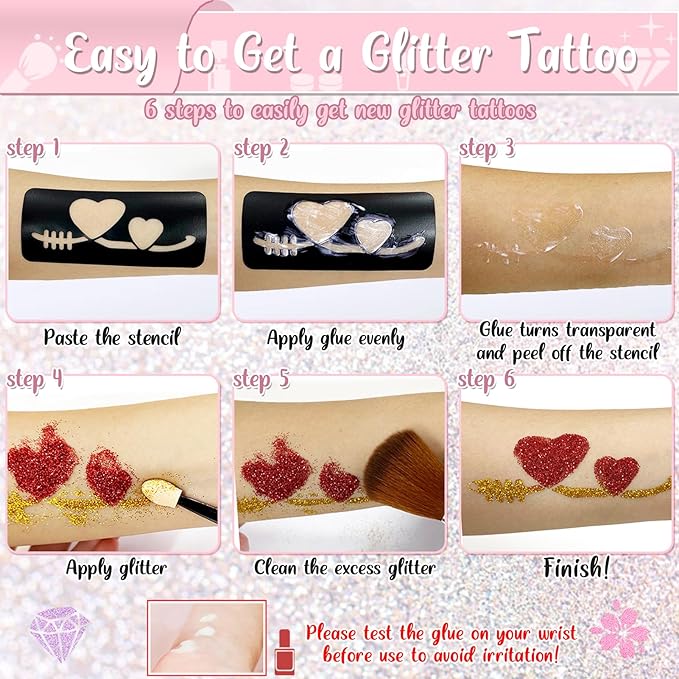 TEUVO Kids Glitter Tattoo Kit with 50 Colors, 177 Stencils, 25 Mixed Pattern Stickers(Colored/Luminous), 2 Gem Stickers, Body Face Glitter Makeup Temporary Tattoos for Halloween Christmas Birthday