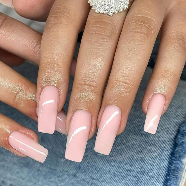 Light Pink Press on Nails Long Square, KXAMELIE Medium Coffin Nails Press ons Long Glue on Nails Natural Thick Fake Nails Acrylic Reusable 24 Solid Color for Women