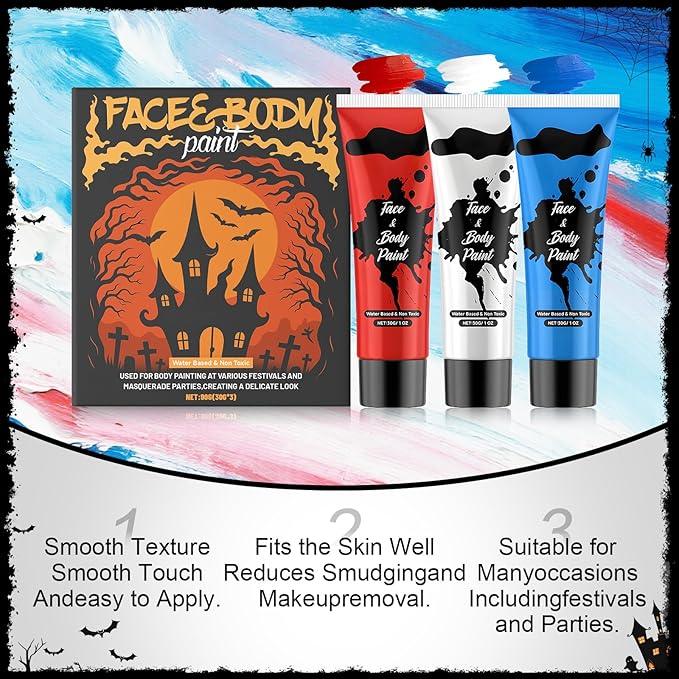 Face Body Paint, Pinturas Para Halloween Full-coverage Multi-Color Cream Makeup Body Paint for Adult Halloween Cosplay SFX Makeup Paint Halloween Cosplay Costume Party, Red+white+Blue 30g*3