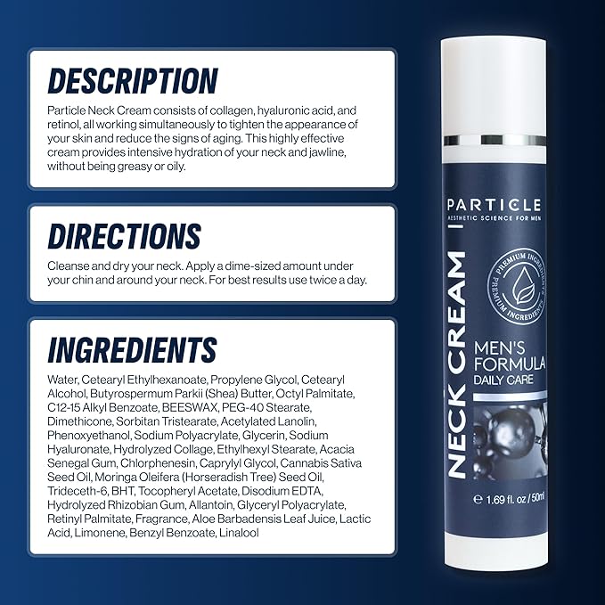 Particle Neck Cream, Daily Skin Care for Men with Collagen, Hyaluronic Acid, Retinol, Vitamin E, Moringa Oil & Shea Butter for Health Skin Support, Hydrating Men’s Body Lotion, 1.7 fl oz