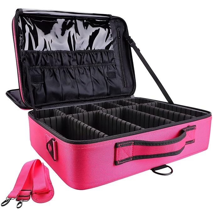 gzcz Large Capacity 16.5 inches Professional Travel Makeup Train Case Portable Artist Cosmetic Brush Organizer Storage Bag With Adjustable Dividers And Shoulder Strap for Toiletry Jewelry （Rose Red）