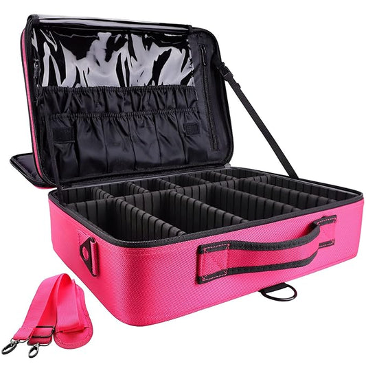 gzcz Large Capacity 16.5 inches Professional Travel Makeup Train Case Portable Artist Cosmetic Brush Organizer Storage Bag With Adjustable Dividers And Shoulder Strap for Toiletry Jewelry （Rose Red）